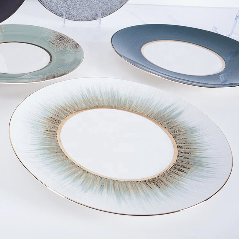 wholesale hotel restaurant colorful round gold rim ceramic porcelain wedding charger plates