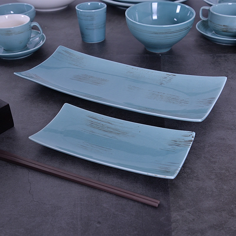 Blue On-glazed Hotel Plates Dishes Dinner Serving Plates Dinnerware Sets Ceramic Rectangular Serving Dishes