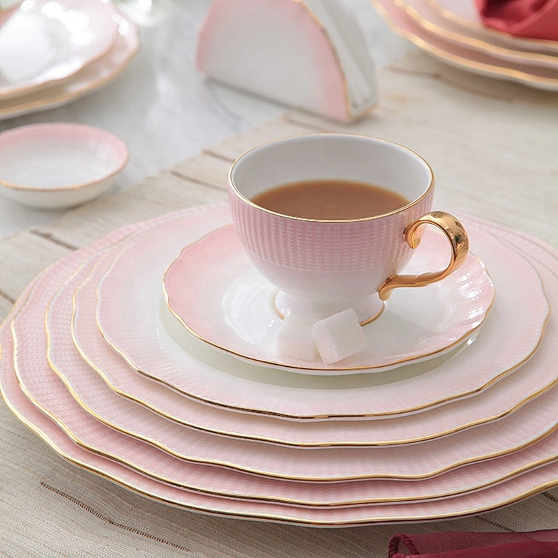 P&T Royal Ware gold rim pink colorful bone china ceramic dinnerware sets luxury