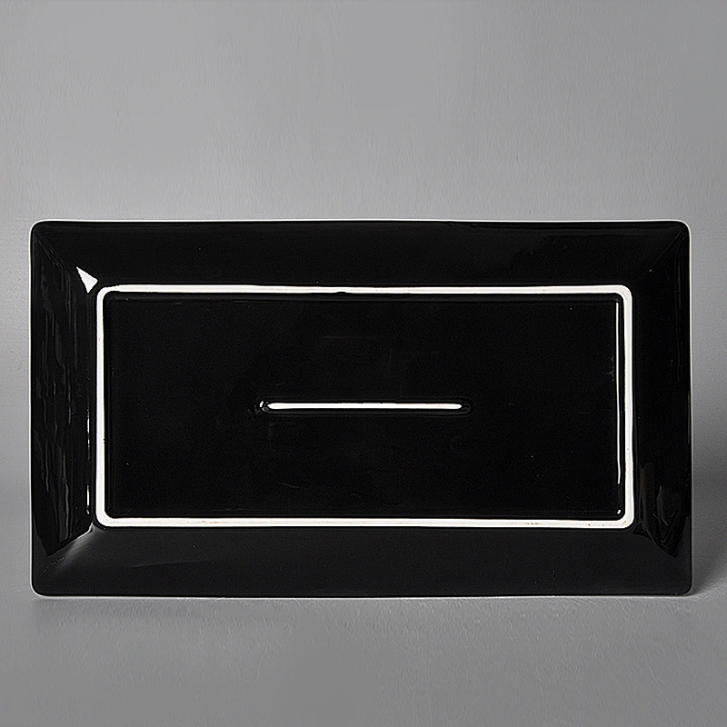 P&T Chaozhou Factory Dishwasher Safe Glaze Ceramic Gold Rim Black Rectangle Plate for Restaurant