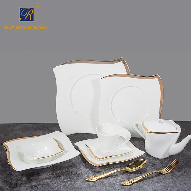 Hotel ware bone china tableware dinnerware wedding gold rim plates teapot cup set restaurant tabletop