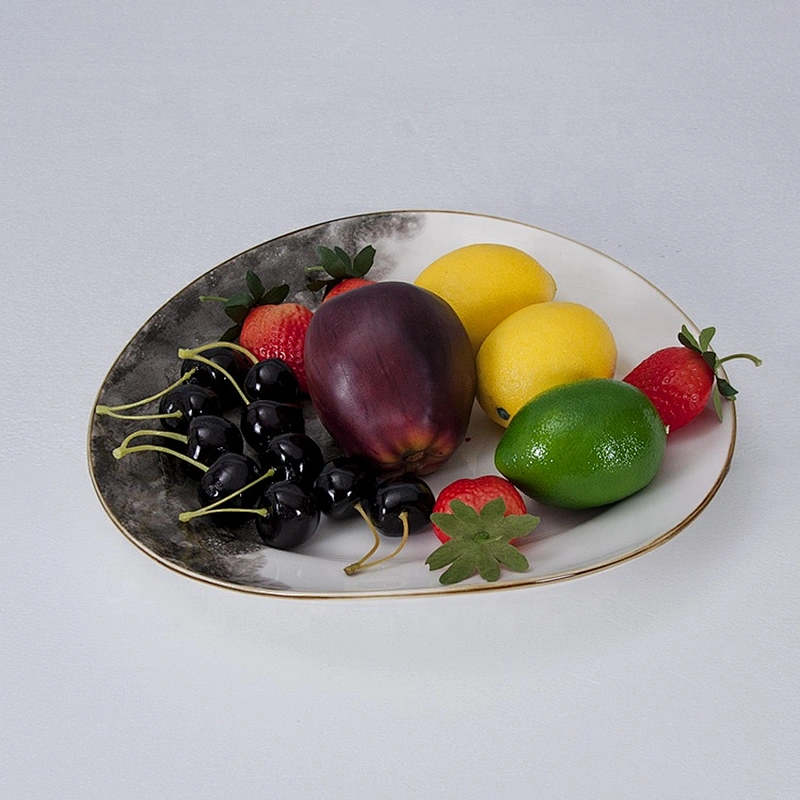 Wholesale Custom Cheap Glazed Yellow Rim Irregular Restaurant Tableware Porcelain Ceramic Plate
