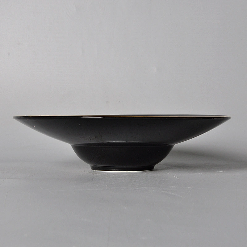 Elegant Matt Black with Gold Rim Restaurant Hotel Deep Soup Plate Ceramic Pasta Plate for Dinnerware