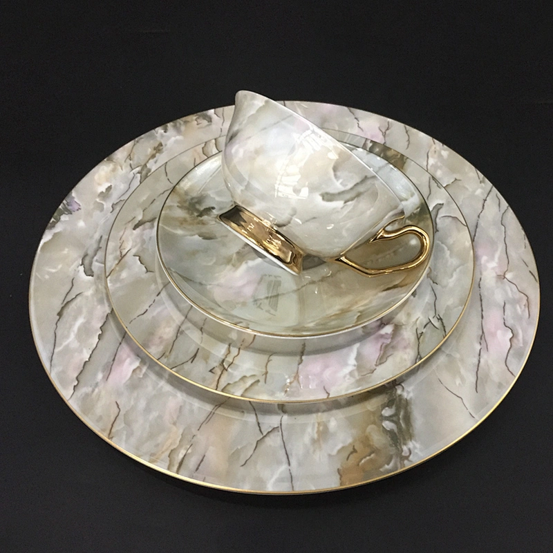 P&T Royal Ware bone china gold rim marble plate dinnerware sets luxury tableware ceramic dinner plates marble