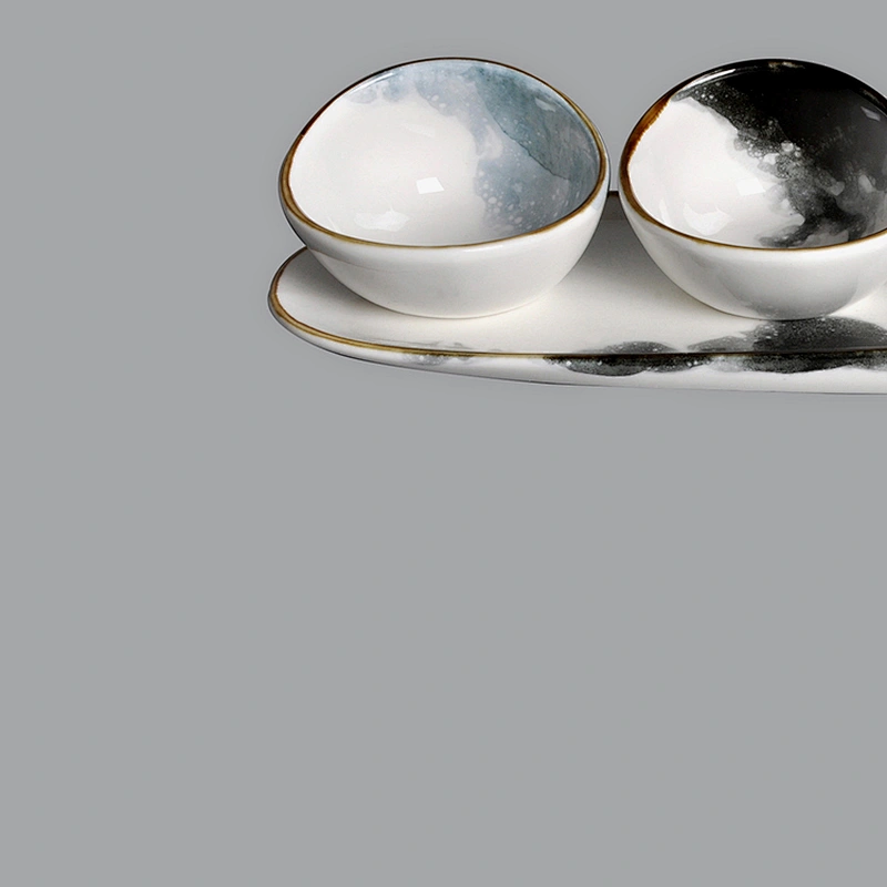 wholesale Porcelain Ceramic abalone shape  Dip Sauce Ramekins Appetizer Tapas bowl with long tray