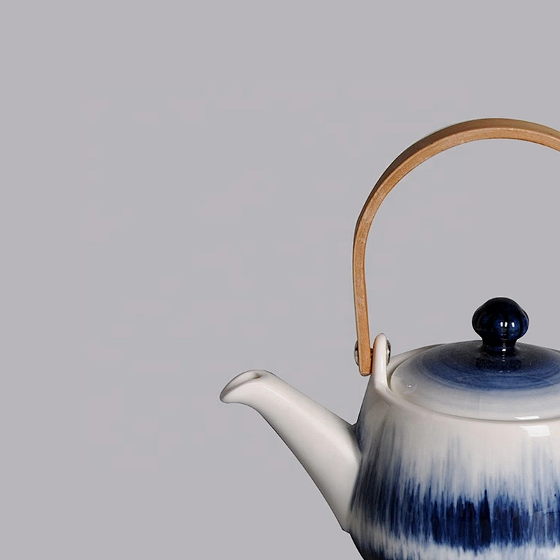 wholesale glazed japanese style blue china ware ceramic porcelain tea pot with wood handle