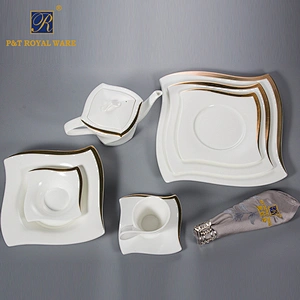 Hotel ware bone china tableware dinnerware wedding gold rim plates teapot cup set restaurant tabletop
