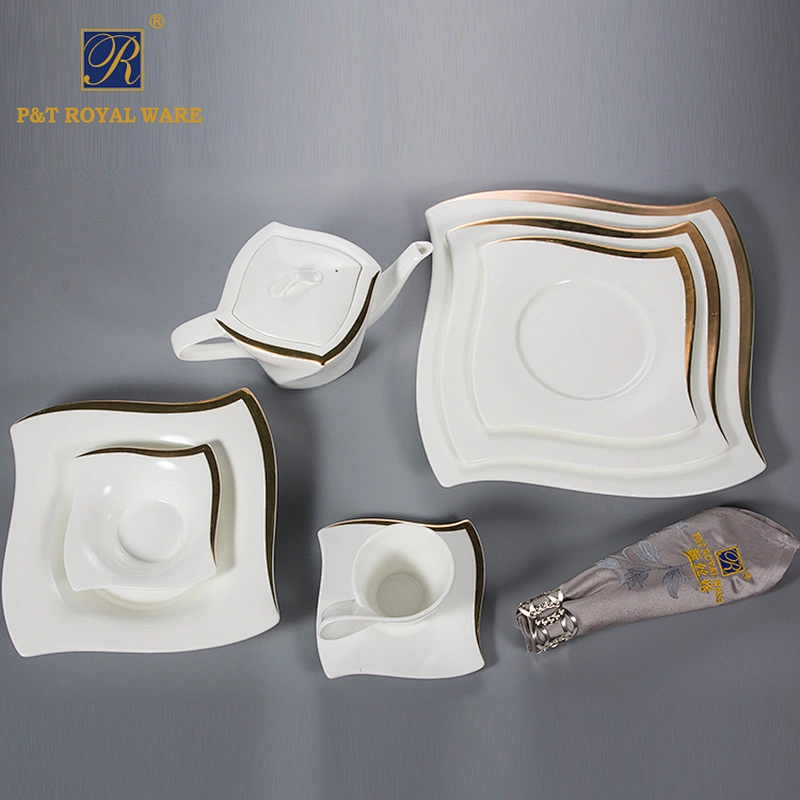 Hotel ware bone china tableware dinnerware wedding gold rim plates teapot cup set restaurant tabletop