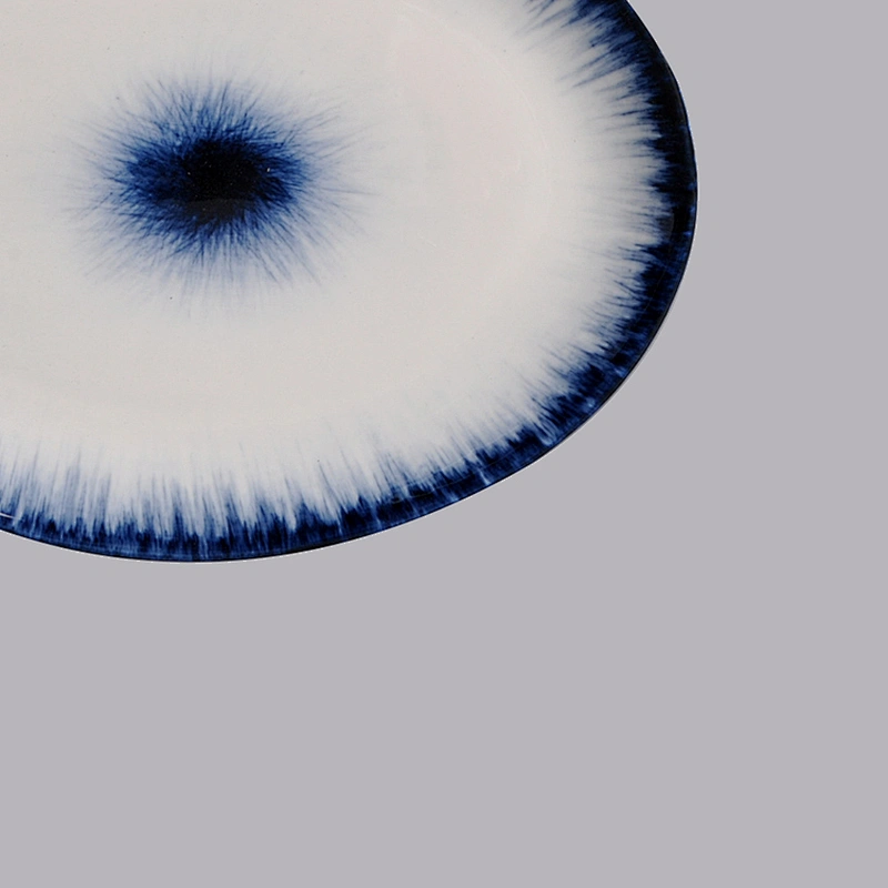 China Restaurant On Glaze Blue, Chaozhou Factory Hotel Reactive Rim Pottery Plate, Oval Plate~