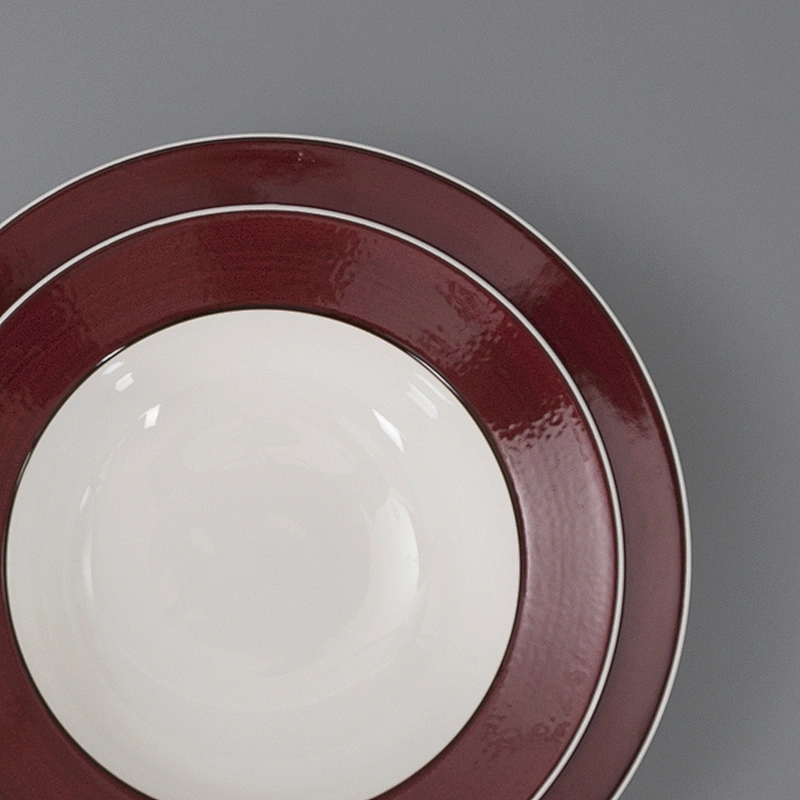 Wholesale Red Edge Round Ceramic Porcelain Restaurant Straw Hat Spaghetti Soup Bowl