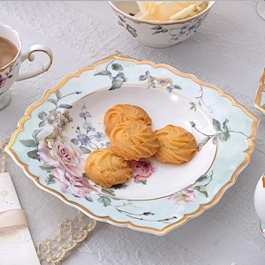 Customized restaurant floral pattern with gold rim bone china dinner plate decal luxury hotel ceramic tableware