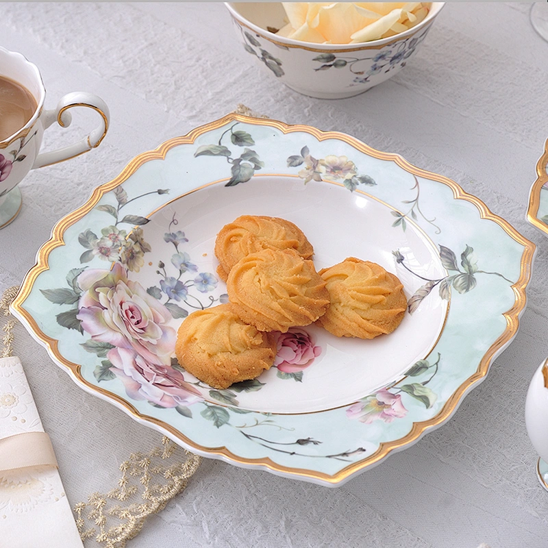 Customized restaurant floral pattern with gold rim bone china dinner plate decal luxury hotel ceramic tableware