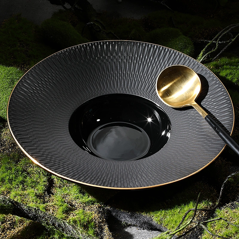 P&T Porcelain Black Round Salad Plate Gold Rim Ceramic Soup Plate, Direct Factory Deep Plate For Restaurant