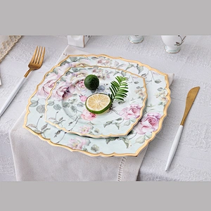 wholesale flower decal fancy gold rim decorative ceramic plate for restaurant