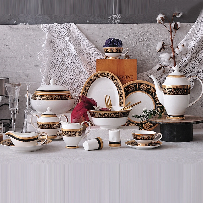 P&T Royal Ware Beautiful Bone China Embossed Golden Rim Dinner Set