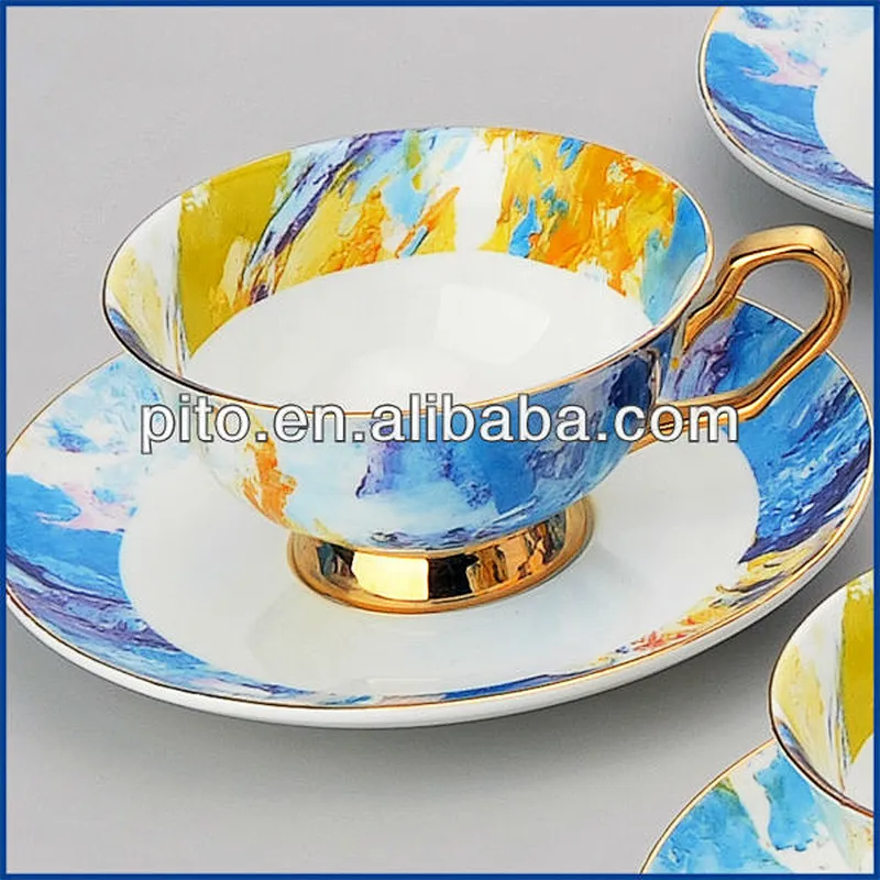 bone china factory hot sale colorful flower with golden rim coffee set tea set color design decal plates