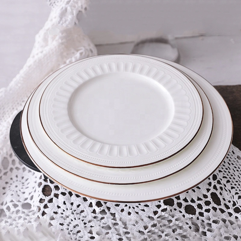 elegant luxury white round gold rim dinner plate sets bone china ceramic wedding dinner plate for 5 star hotel