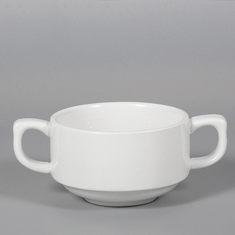 manufacturer cheap hotel restaurant white ceramic soup cup with handles