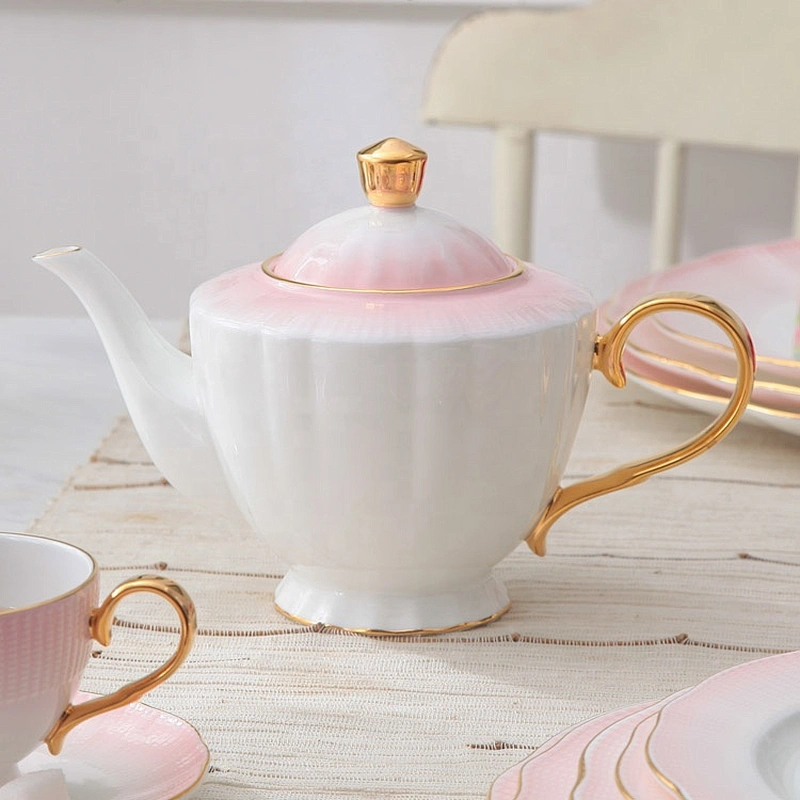 high quality ceramic pink color fine bone china coffee pot set tea cups tea pot