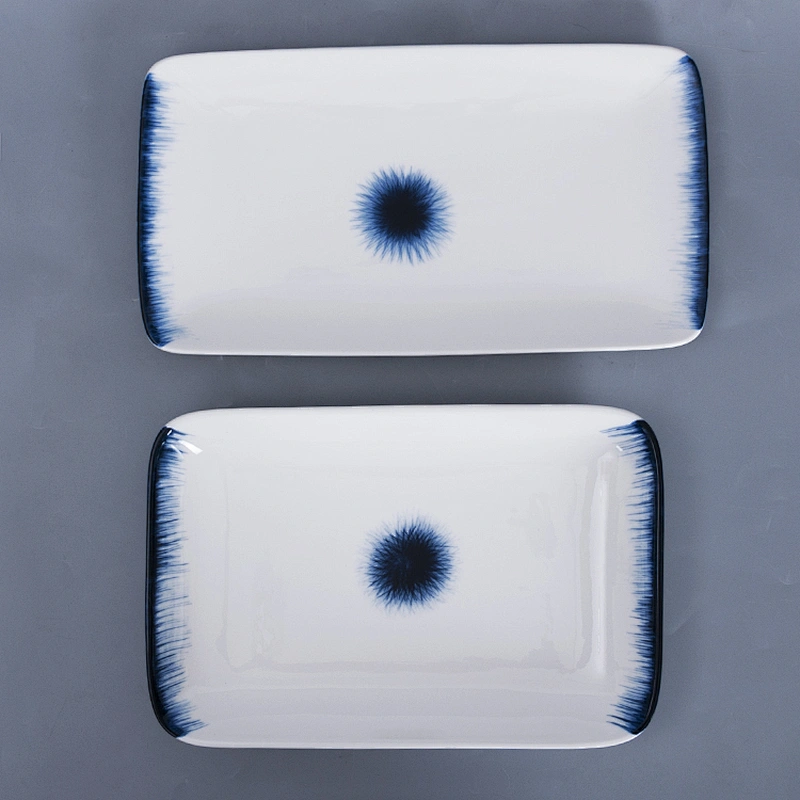 Manufacturer White Blue Japanese Restaurant Porcelain Ceramic Rectangular Plate