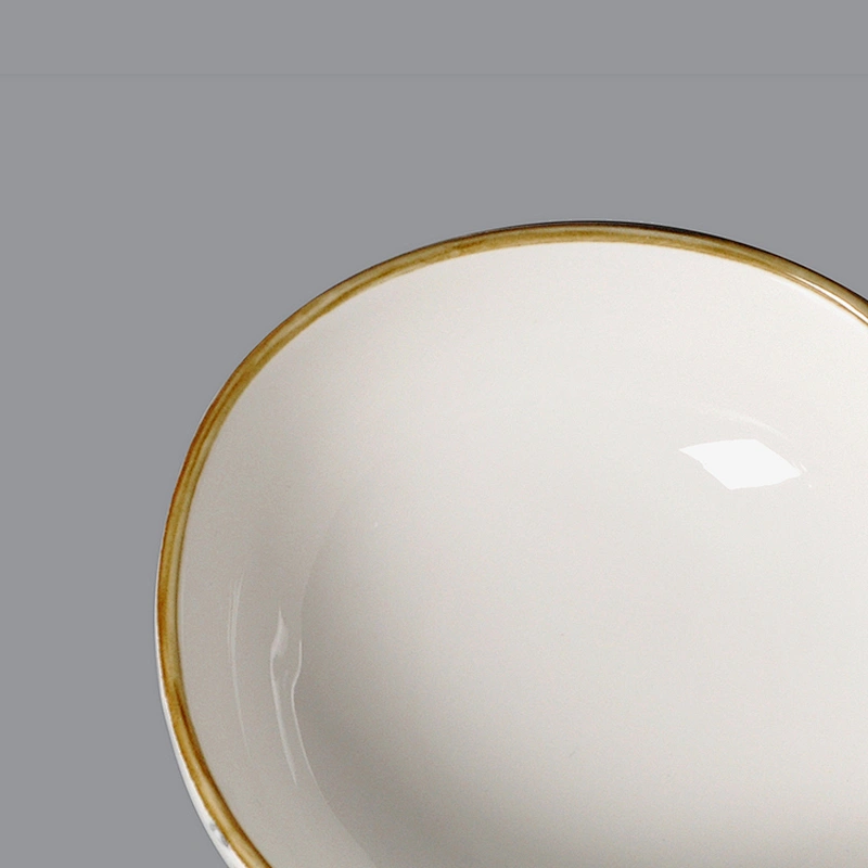 Wholesale high quality hotel/restaurant glazed yellow gold rim ceramic porcelain bowl