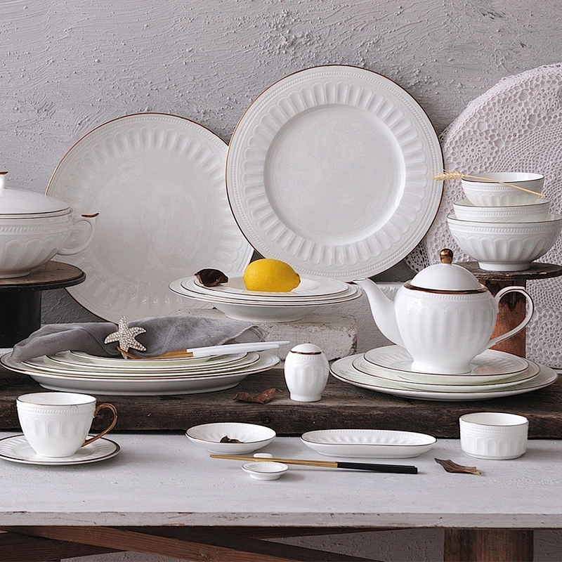 luxury white Embossing crockery ceramic bone china porcelain gold rim dinnerware sets
