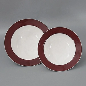 Wholesale Red Edge Round Ceramic Porcelain Restaurant Straw Hat Spaghetti Soup Bowl
