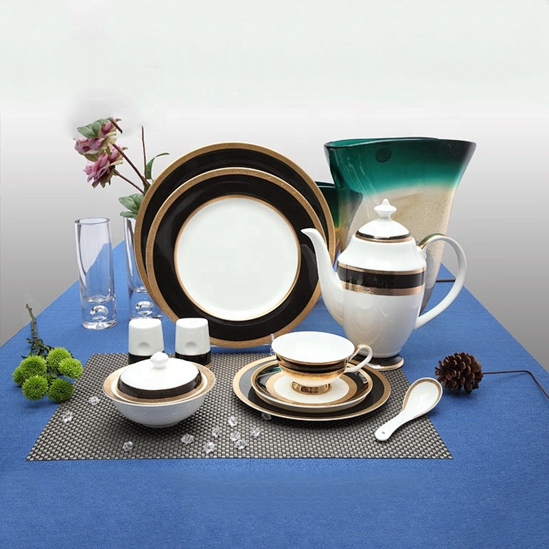 P&T Royal Ware European style tea cup sets bone china Black Color Gold Rimmed Coffee cups Embossed Gold Luxury High Tea Cups