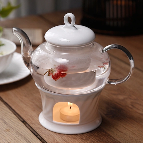 Heat Resistant Bone China Warmer Green Flower Glass Teapot Set