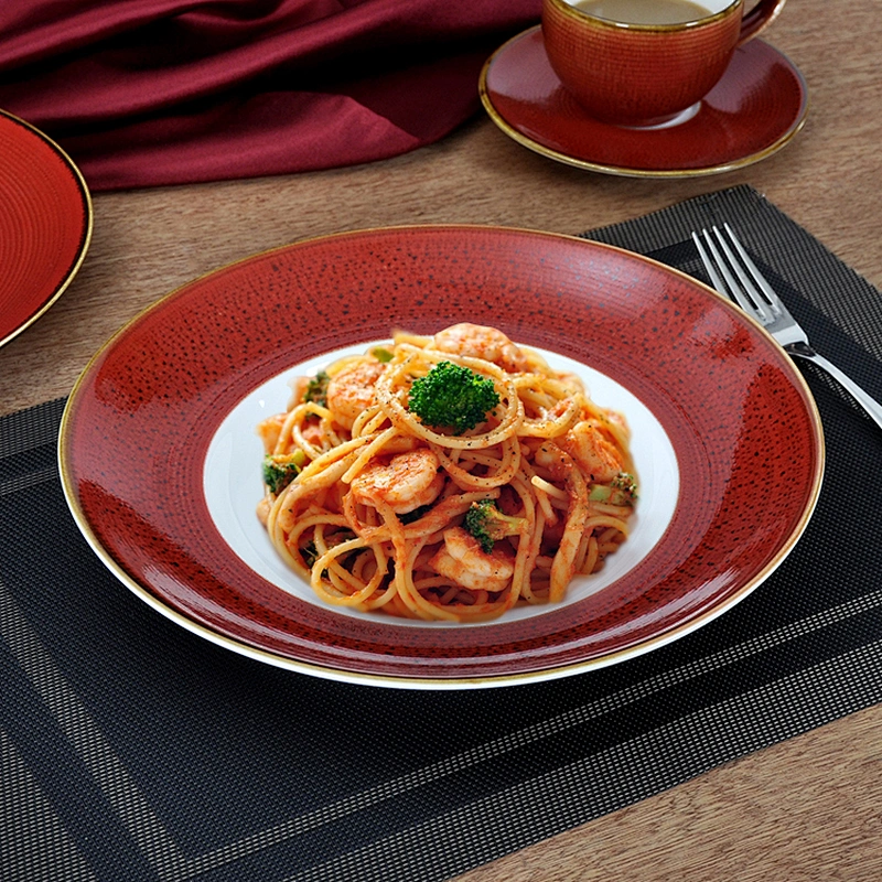 Chaozhou Good Quality In Stock Kiln Red Glaze Ceramic Wide Edge Pasta Plate