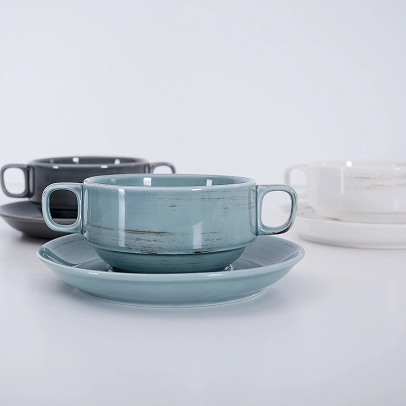 wholesale retro 260ml porcelain star hotel restaurant soup bowl with handle