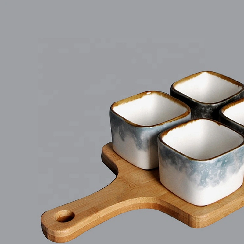 Snack Compartment Condiment Serving Set Ceramic square Dip Sauce Ramekins Appetizer Tapas saucer with Bamboo Handle Tray