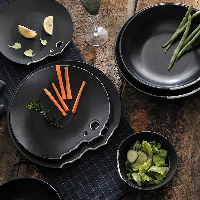 wholesale unique shape glazed matt black ceramic dinner plates for restaurant