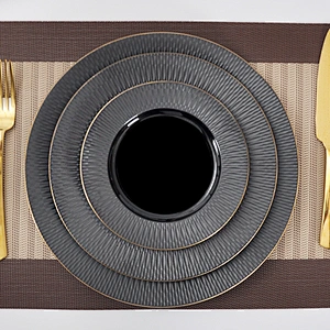 Free Sample Ceramic Porcelain Black Buffet Party Wedding Restaurant Dinner Plate with Gold Rim
