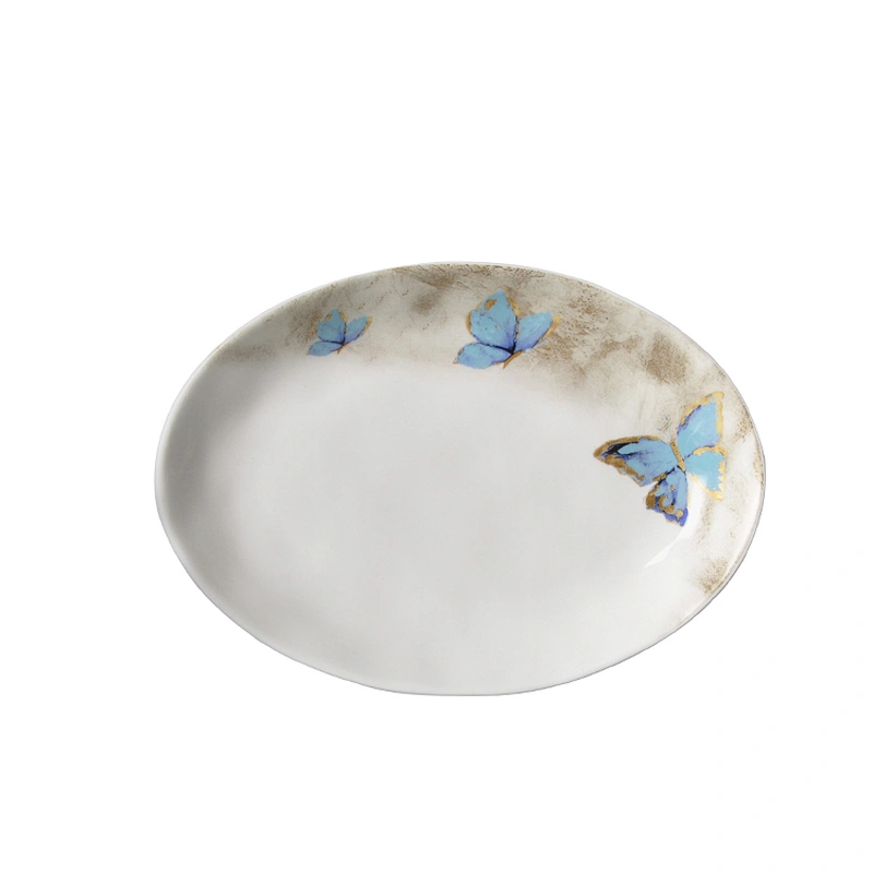colorful butterfly pattern hotel serving platter restaurant porcelain ceramic oval plate