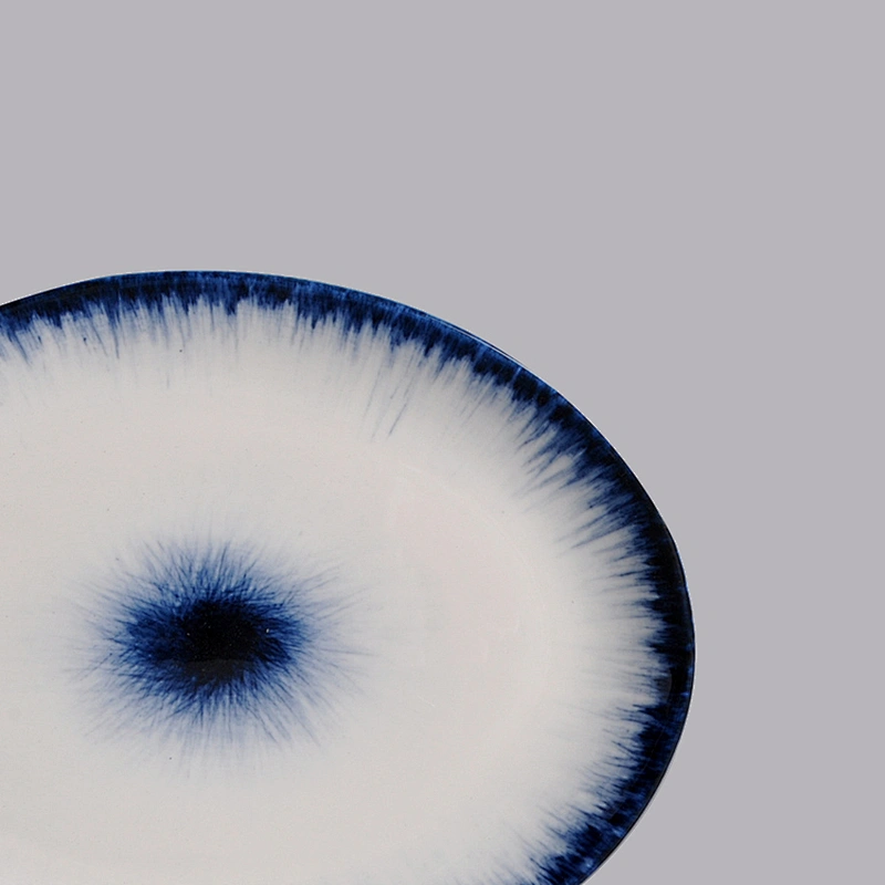 China Restaurant On Glaze Blue, Chaozhou Factory Hotel Reactive Rim Pottery Plate, Oval Plate~