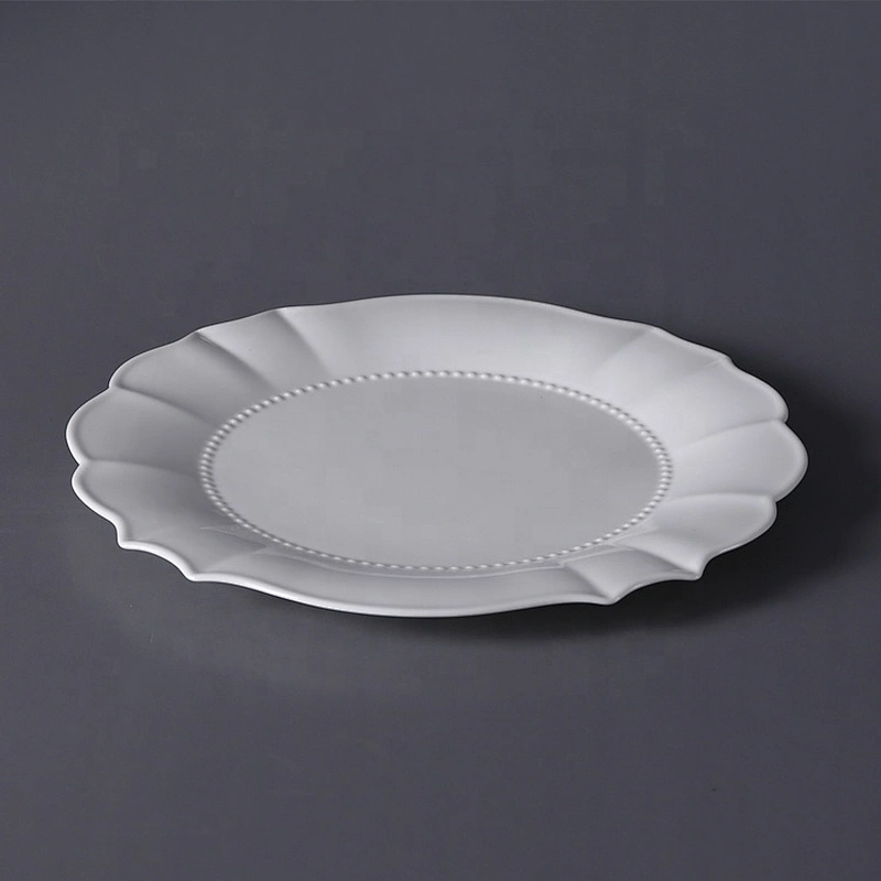 wholesale unique round floral flower edge white bone china ceramic wedding dinner plate for restaurant