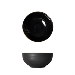 Elegance Collection Black Ceramic Round Bowl Porcelain Rice Bowl Restaurant Hotel Salad Bowl with Gold Rim