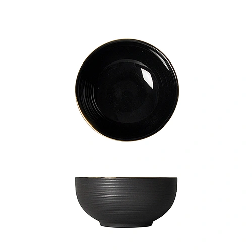 Elegance Collection Black Ceramic Round Bowl Porcelain Rice Bowl Restaurant Hotel Salad Bowl with Gold Rim