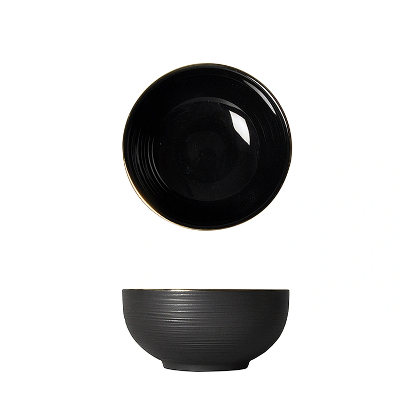 Elegance Collection Black Ceramic Round Bowl Porcelain Rice Bowl Restaurant Hotel Salad Bowl with Gold Rim