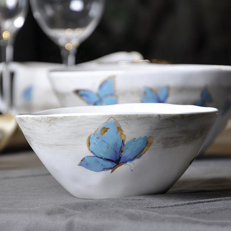factory elegant white butterfly pattern restaurant ceramic noodle soup salad fruit bowl