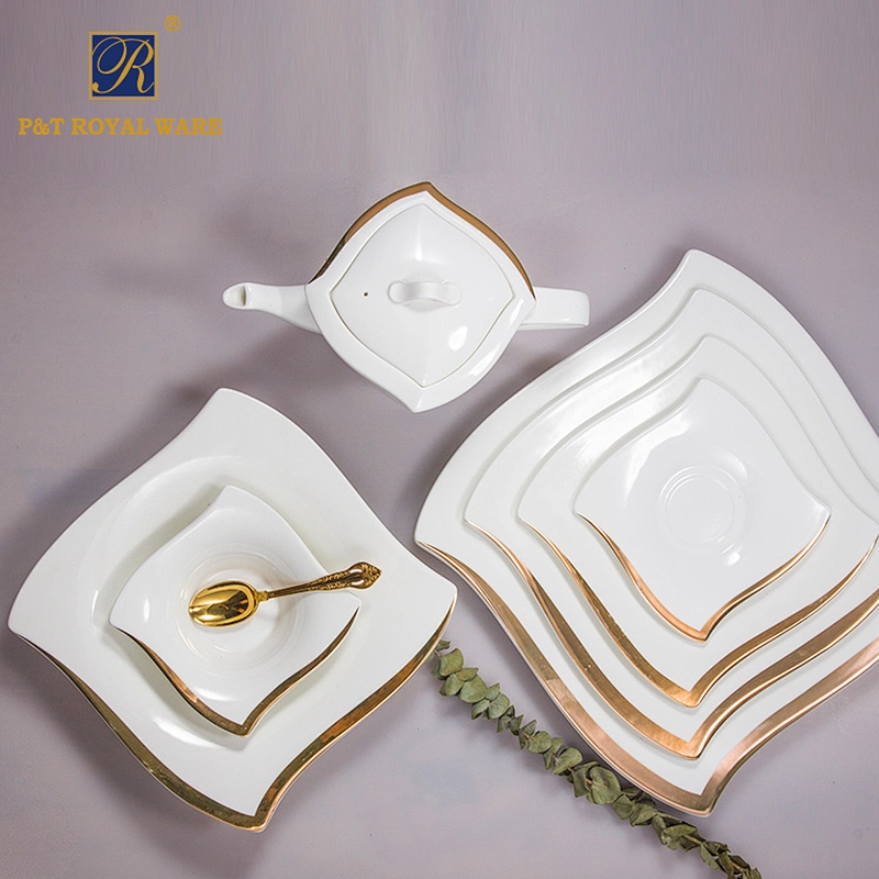 Hotel ware bone china tableware dinnerware wedding gold rim plates teapot cup set restaurant tabletop
