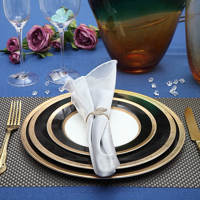 P&T ware Hot sale new design bone china dinner set embossed gold rim black ceramic dinnerware set