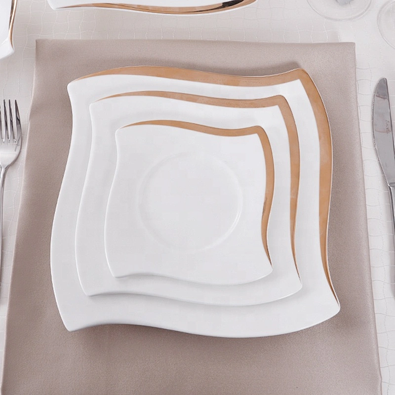 P&T Fantastic Style Wedding Event Bone China Dinner Plate, Dinner Plates Ceramic Set Luxury Gold Edge for Hotel
