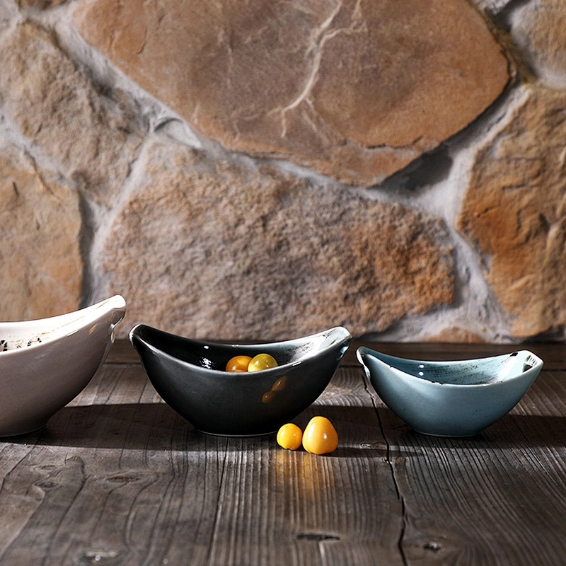 classic glossy blue porcelain boat olive shape fruit , salad , pasta serving gravy bowl