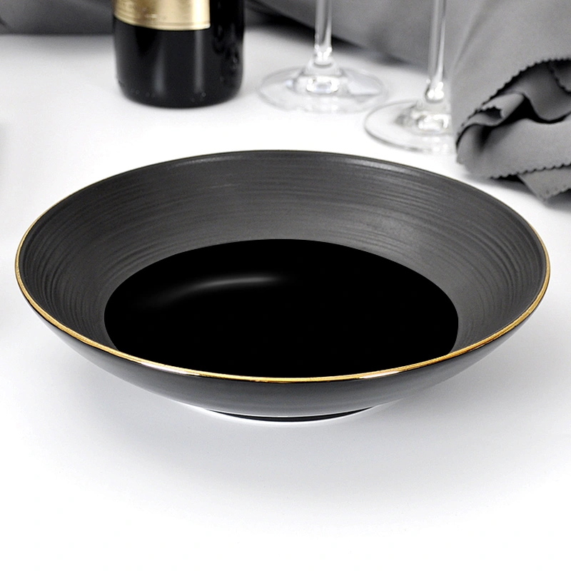 2020 Hot Sale Black Porcelain Bowl with Gold Rim, Saudi Arabia Moroccan Ceramic Salad Bowls