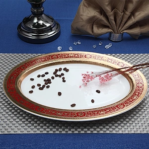 European style bone china plate Embossed gold red dinnerware oval bone china plate