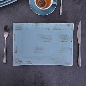 Hotel Plates Dishes Dinner Long Plates Blue On-glazed  Ceramic Rectangular Serving Plates
