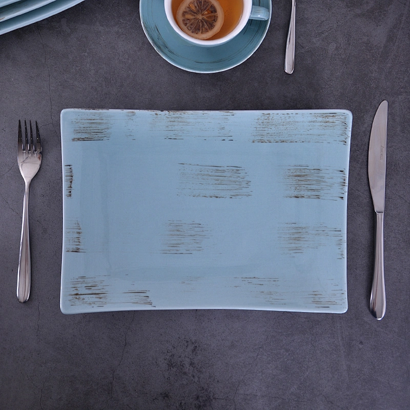Hotel Plates Dishes Dinner Long Plates Blue On-glazed  Ceramic Rectangular Serving Plates
