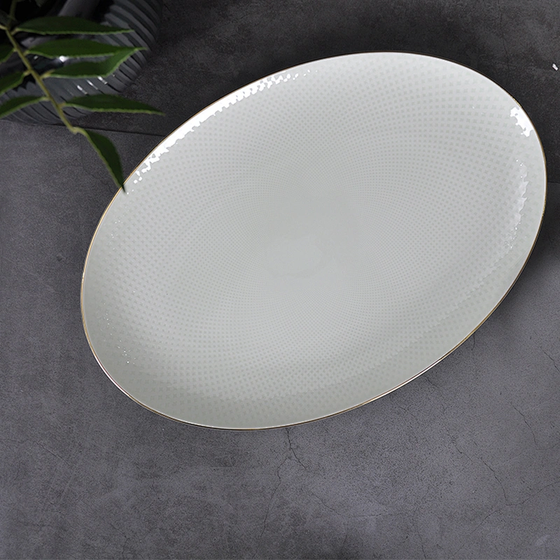 High Quality Hotel Serving Plate Oval Shape Plates Bone China Color Glazed Restaurant Plates Gold Rim Grey Plates For Horeca